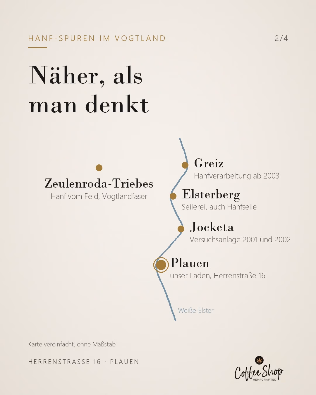 Vereinfachte Karte: Hanf-Orte entlang der Weißen Elster von Plauen bis Greiz und in Zeulenroda-Triebes