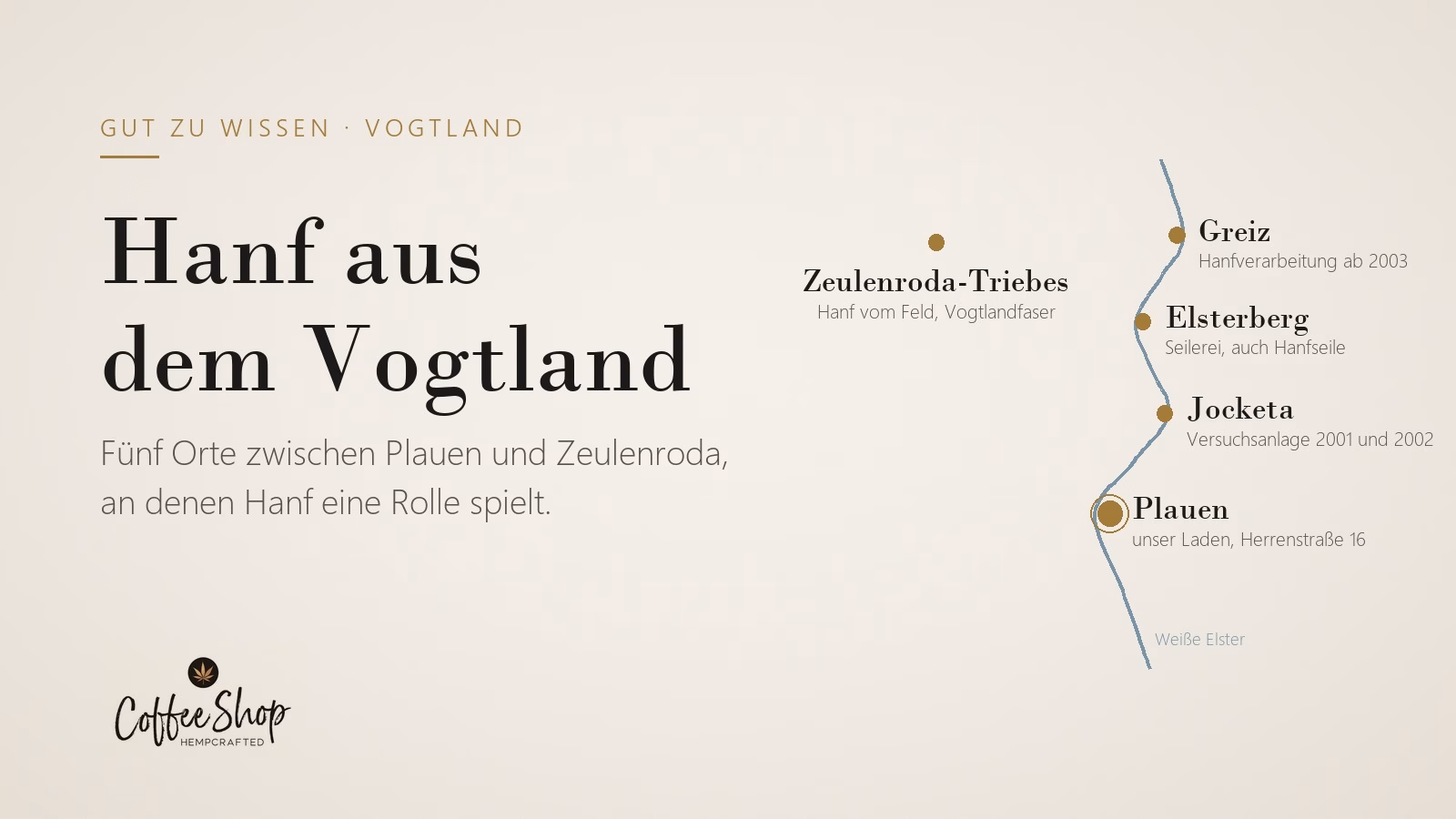 Hanf aus dem Vogtland, Karte mit Plauen, Jocketa, Elsterberg, Greiz und Zeulenroda-Triebes