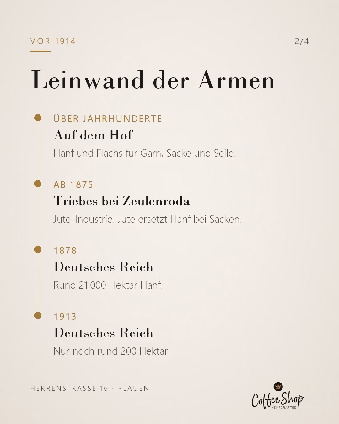 Zeitstrahl vor 1914: Hanf auf dem Hof, Jute-Industrie in Triebes ab 1875, 1878 rund 21.000 Hektar, 1913 rund 200 Hektar