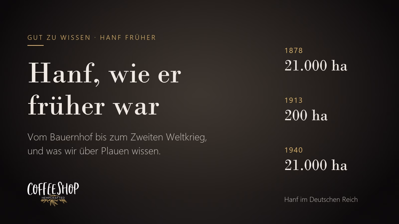 Hanf, wie er früher war: Hanffläche im Deutschen Reich 1878 rund 21.000 Hektar, 1913 rund 200, 1940 rund 21.000